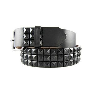 Black Metal Studded Leather Belt Unisex 3-Rows Metal Pyramid Size Small